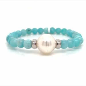 White Gold, Australian South Sea Pearl and Amazonite Bracelet