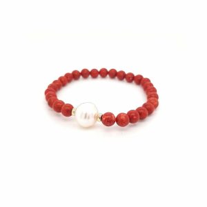 Yellow Gold, Australian South Sea Pearl and Red Coral Bracelet