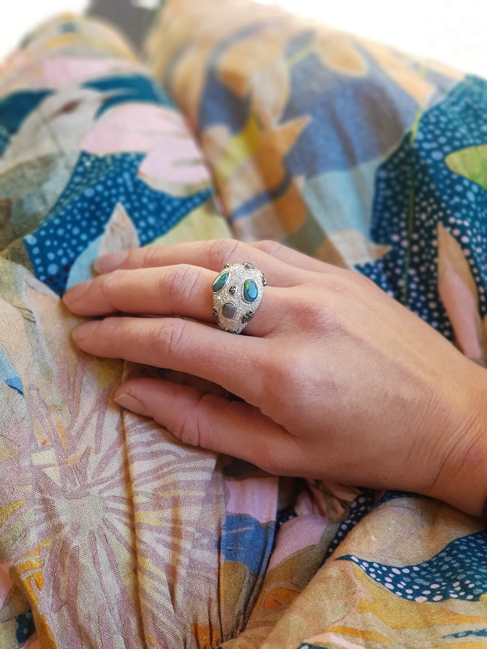 Black Opal, Black and White Diamond Ring - Image 2