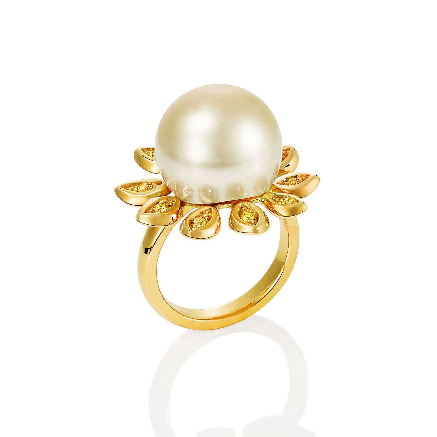 Gold South Sea Pearl and Yellow Diamond Ring