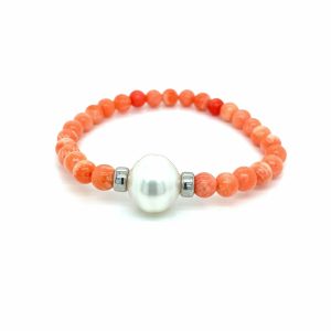 White Gold, Australian South Sea Pearl and Orange Coral Bracelet