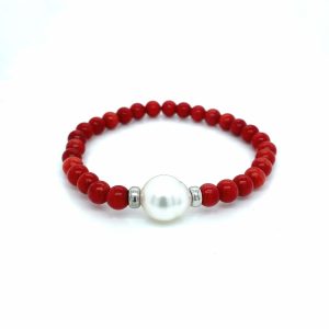 White Gold, Australian South Sea Pearl and Red Coral Bracelet