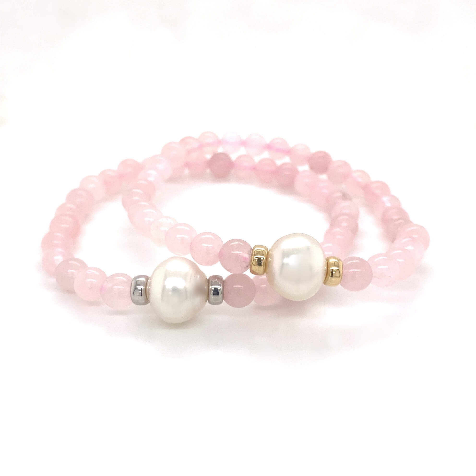 Yellow Gold, Australian South Sea Pearl and Rose Quartz Bracelet - Image 2